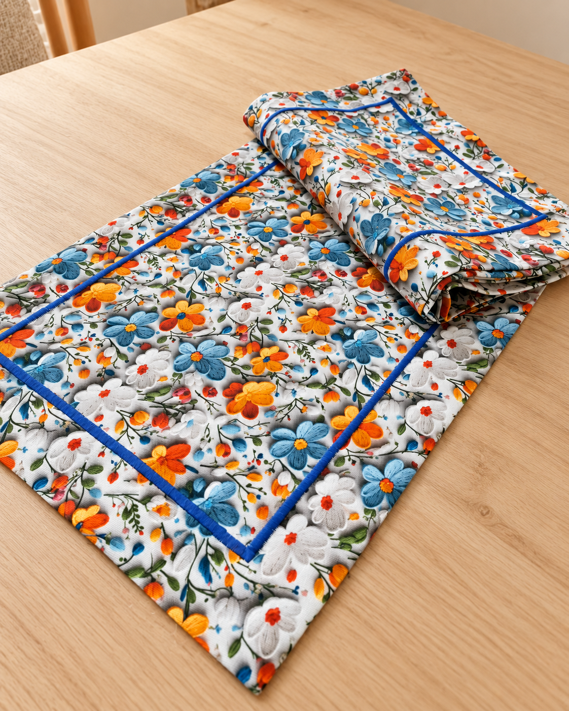 Jogo americano floral com acabamento azul