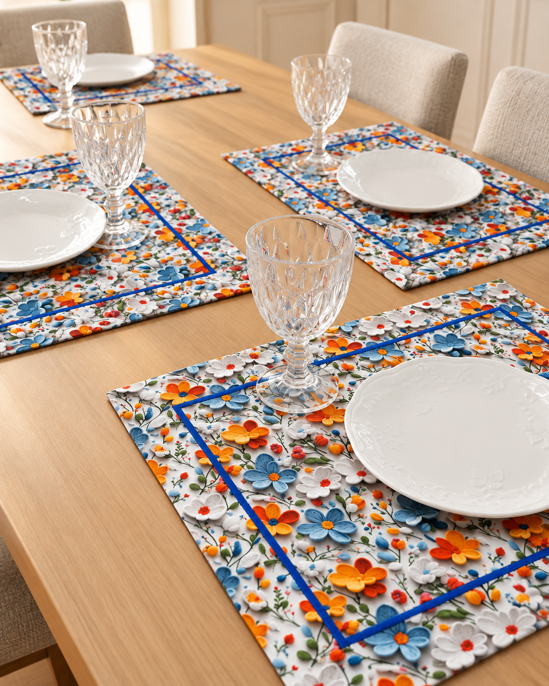 Mesa preparada com jogos americanos florais
